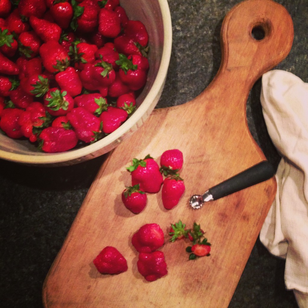 chopping the strawberries